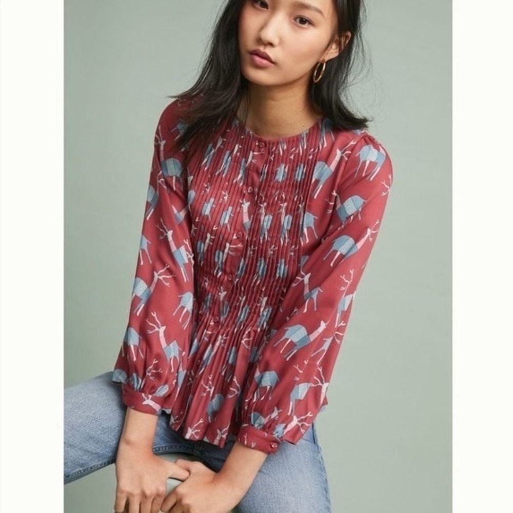 Anthropologie GEISHA DESIGNS Reindeer Deer Print Pleated Top Blouse Medium